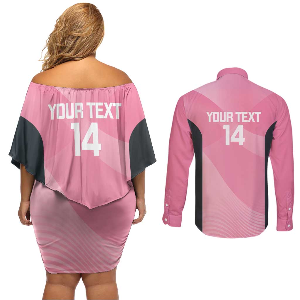 Suns Football Custom Couples Matching Off Shoulder Short Dress and Long Sleeve Button Shirt Gold Coast Est 2009 Pink - Aussie Hoodie