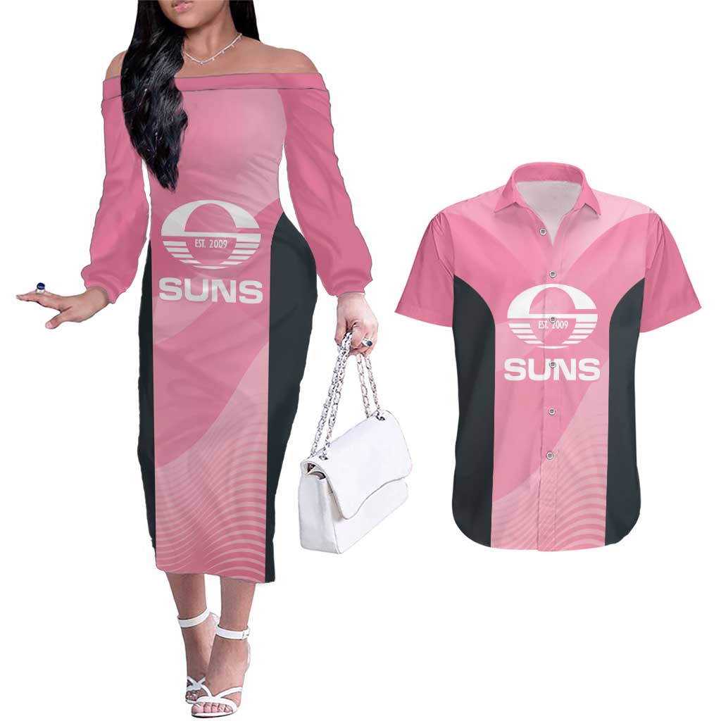 Suns Football Custom Couples Matching Off The Shoulder Long Sleeve Dress and Hawaiian Shirt Gold Coast Est 2009 Pink - Aussie Hoodie