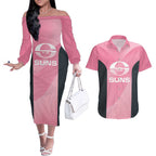 Suns Football Custom Couples Matching Off The Shoulder Long Sleeve Dress and Hawaiian Shirt Gold Coast Est 2009 Pink - Aussie Hoodie