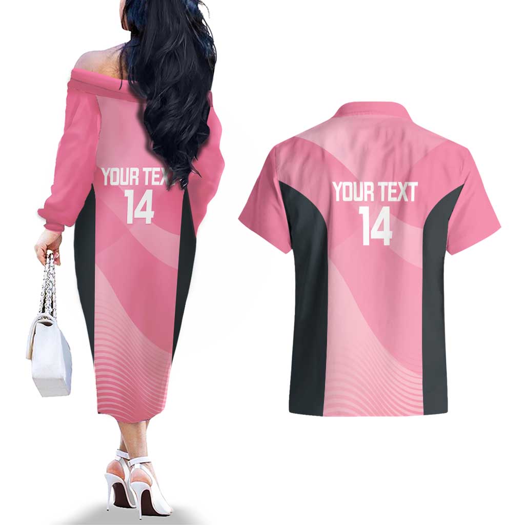 Suns Football Custom Couples Matching Off The Shoulder Long Sleeve Dress and Hawaiian Shirt Gold Coast Est 2009 Pink - Aussie Hoodie