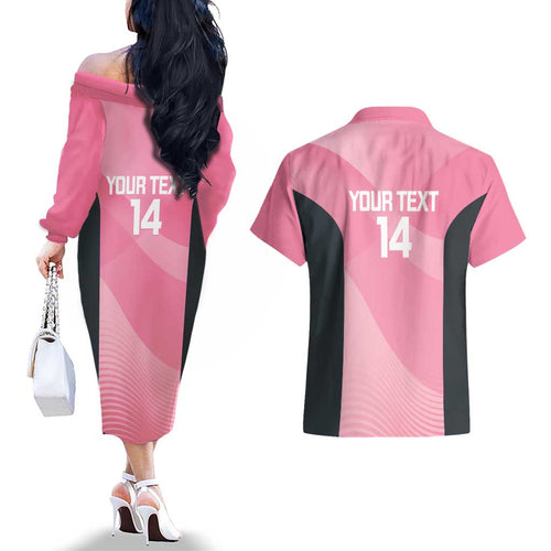 Suns Football Custom Couples Matching Off The Shoulder Long Sleeve Dress and Hawaiian Shirt Gold Coast Est 2009 Pink - Aussie Hoodie