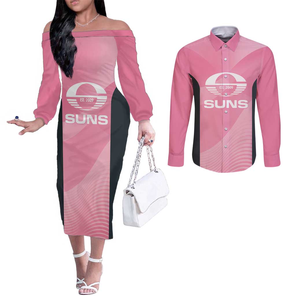 Suns Football Custom Couples Matching Off The Shoulder Long Sleeve Dress and Long Sleeve Button Shirt Gold Coast Est 2009 Pink - Aussie Hoodie