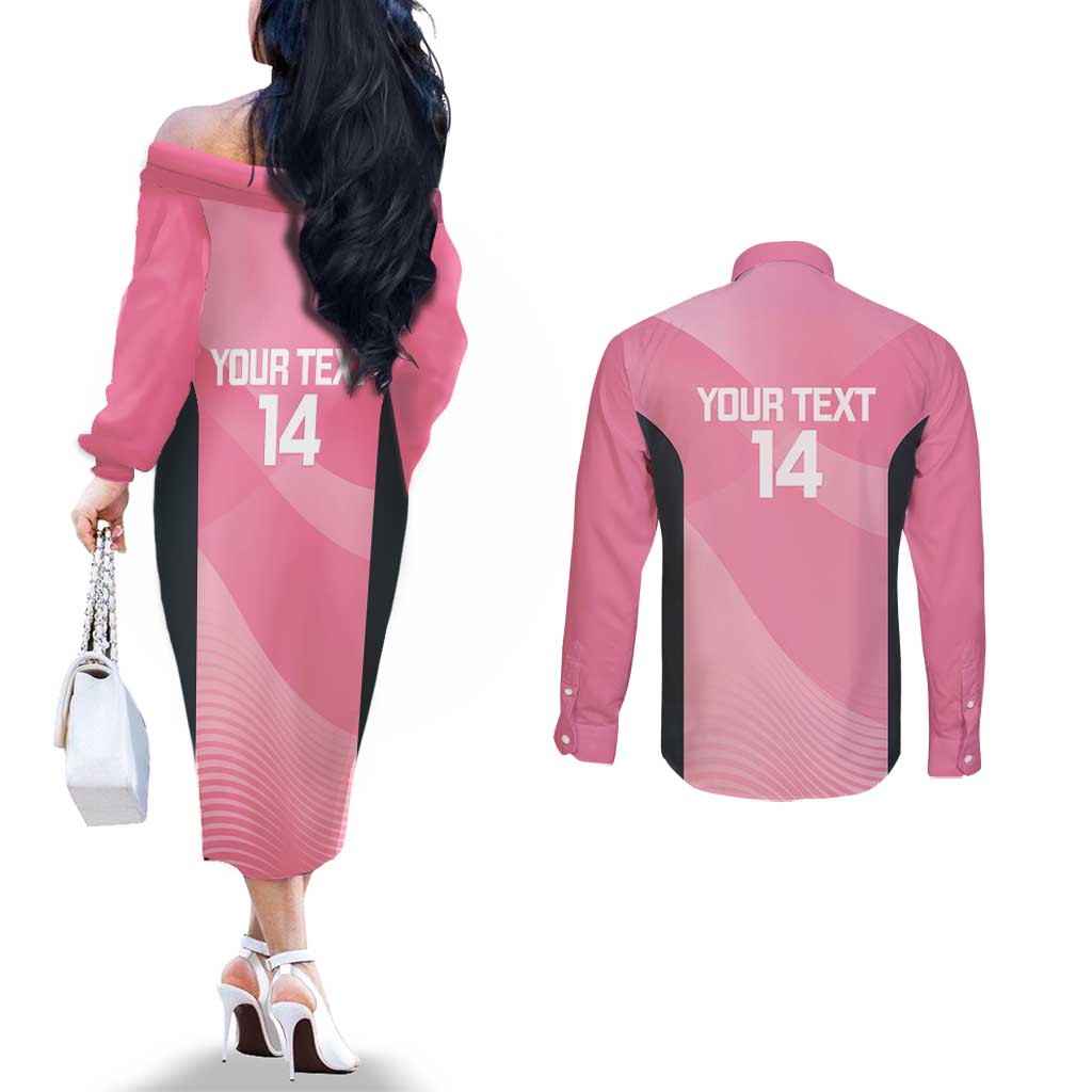 Suns Football Custom Couples Matching Off The Shoulder Long Sleeve Dress and Long Sleeve Button Shirt Gold Coast Est 2009 Pink - Aussie Hoodie