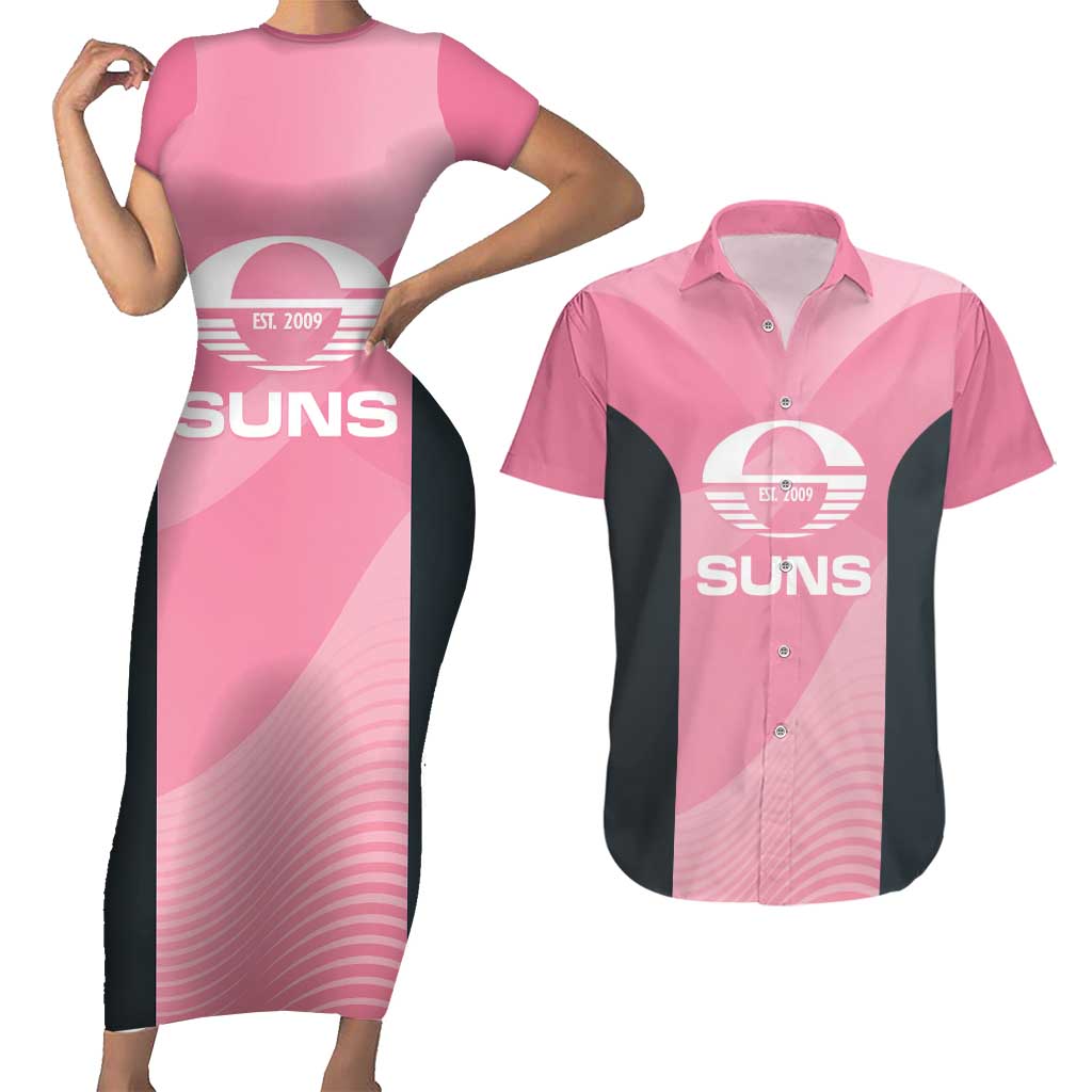 Suns Football Custom Couples Matching Short Sleeve Bodycon Dress and Hawaiian Shirt Gold Coast Est 2009 Pink - Aussie Hoodie