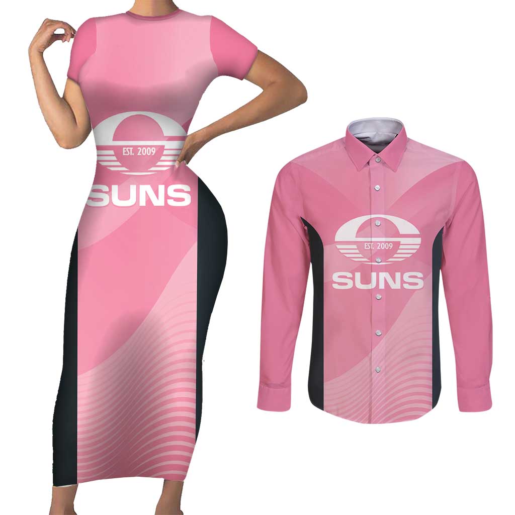 Suns Football Custom Couples Matching Short Sleeve Bodycon Dress and Long Sleeve Button Shirt Gold Coast Est 2009 Pink - Aussie Hoodie