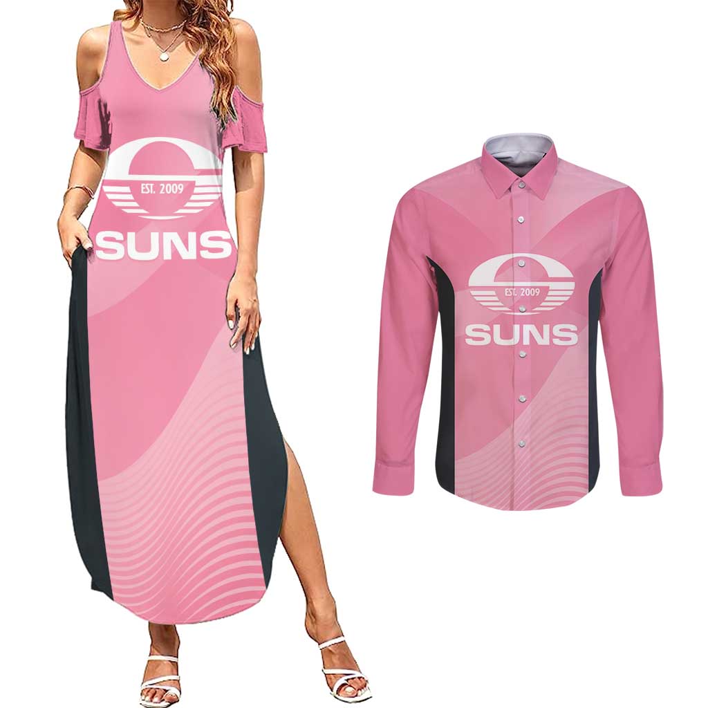 Suns Football Custom Couples Matching Summer Maxi Dress and Long Sleeve Button Shirt Gold Coast Est 2009 Pink - Aussie Hoodie