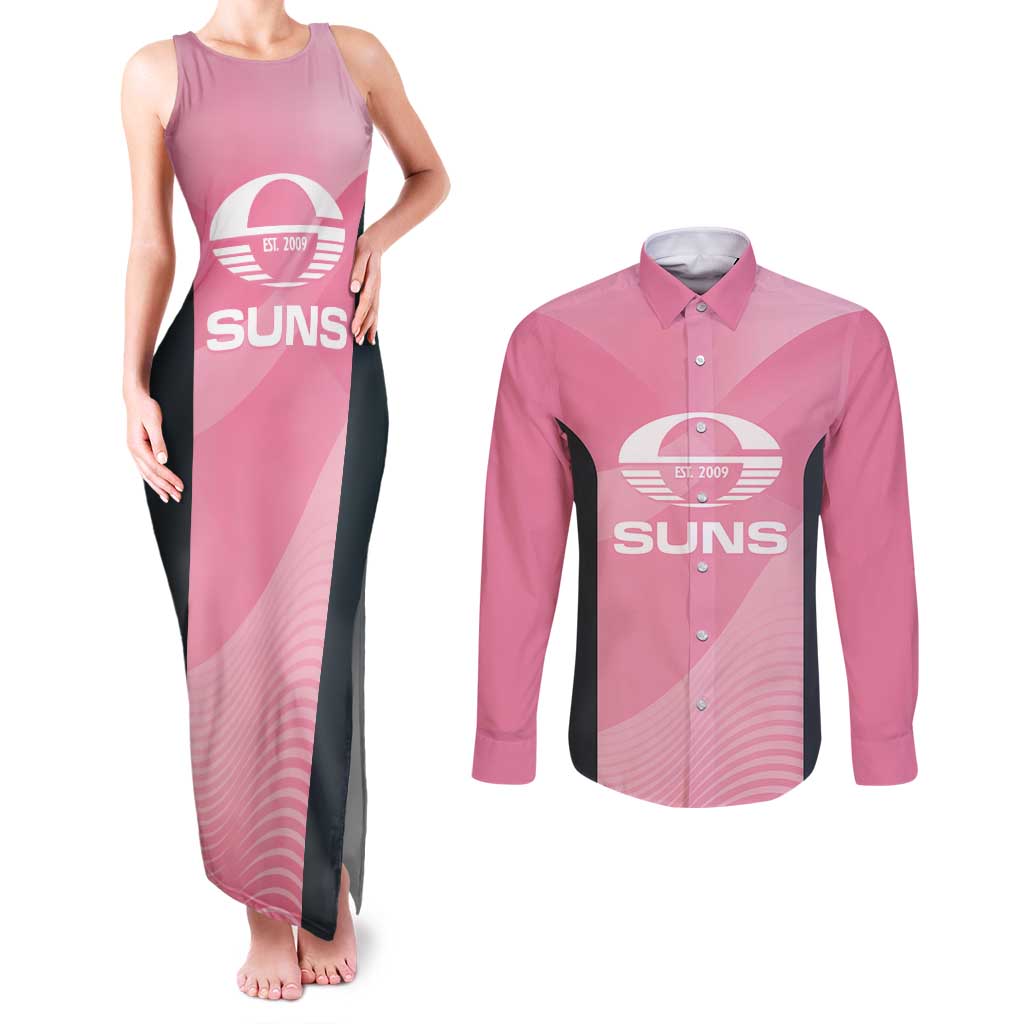 Suns Football Custom Couples Matching Tank Maxi Dress and Long Sleeve Button Shirt Gold Coast Est 2009 Pink - Aussie Hoodie