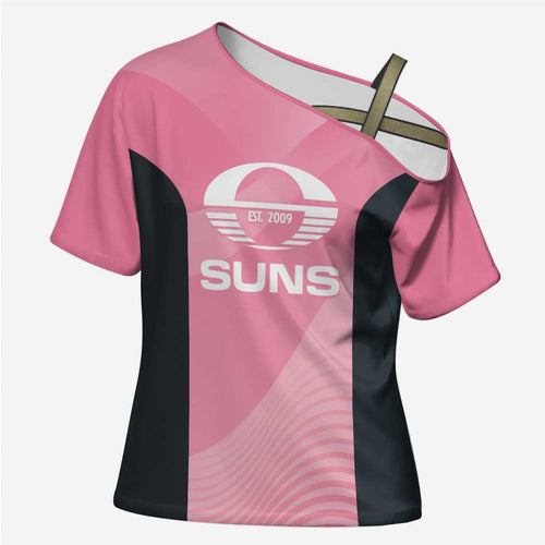 Suns Football Custom Cross Shoulder Shirt Gold Coast Est 2009 Pink - Aussie Hoodie