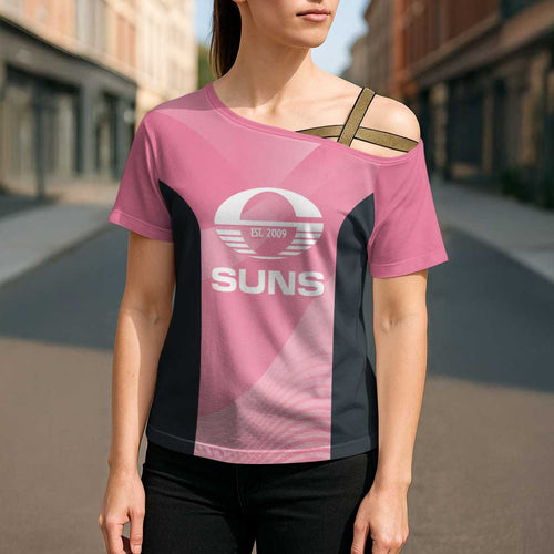 Suns Football Custom Cross Shoulder Shirt Gold Coast Est 2009 Pink - Aussie Hoodie