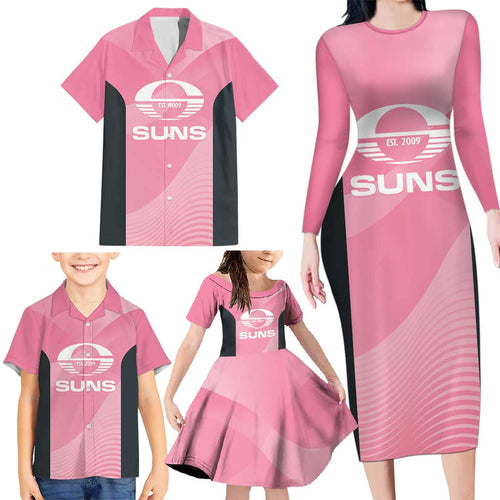 Suns Football Custom Family Matching Long Sleeve Bodycon Dress and Hawaiian Shirt Gold Coast Est 2009 Pink - Aussie Hoodie