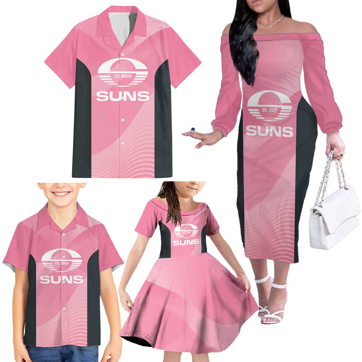 Suns Football Custom Family Matching Off The Shoulder Long Sleeve Dress and Hawaiian Shirt Gold Coast Est 2009 Pink - Aussie Hoodie