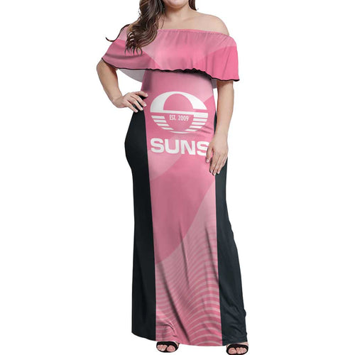 Suns Football Custom Off Shoulder Maxi Dress Gold Coast Est 2009 Pink - Aussie Hoodie