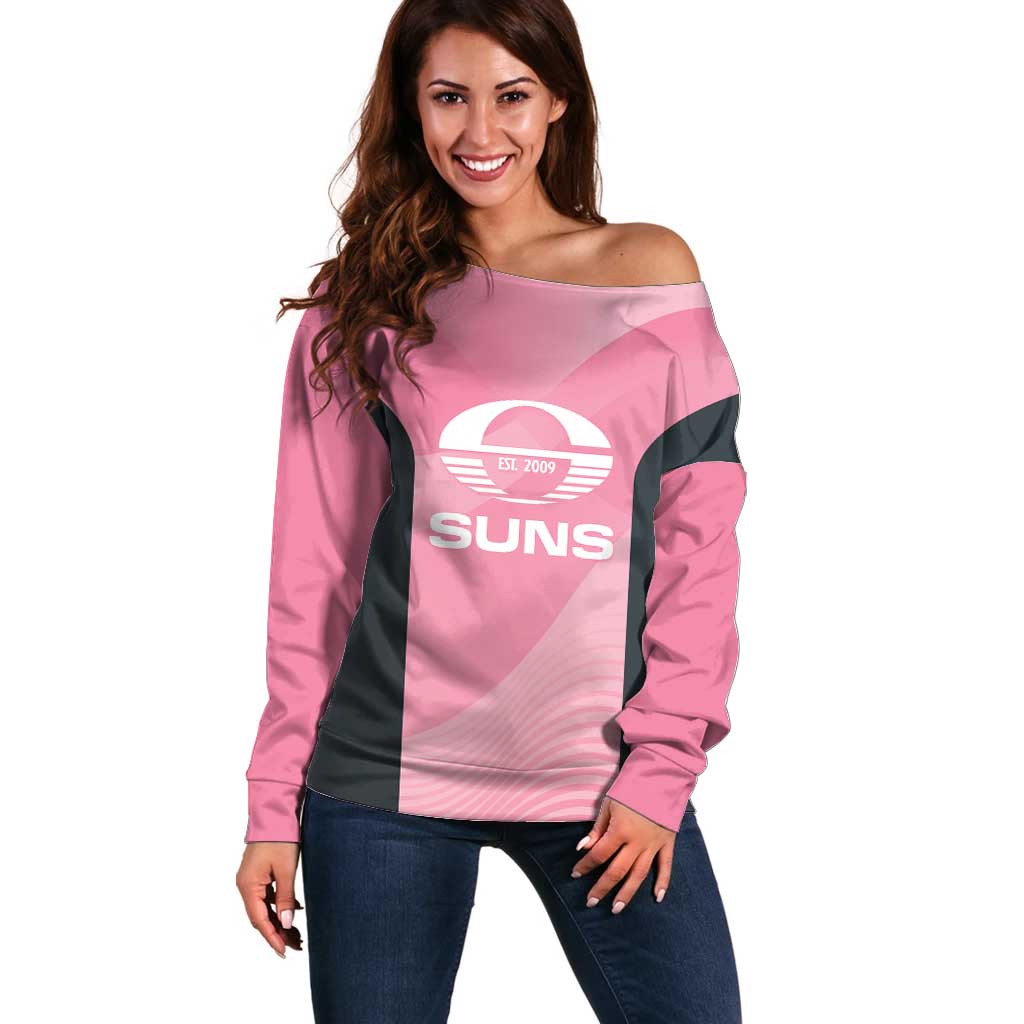 Suns Football Custom Off Shoulder Sweater Gold Coast Est 2009 Pink - Aussie Hoodie