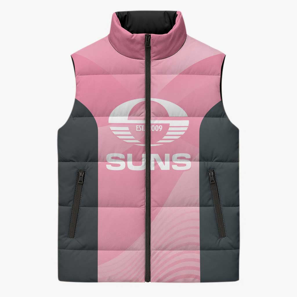 Suns Football Custom Sleeveless Puffer Jacket Gold Coast Est 2009 Pink - Aussie Hoodie