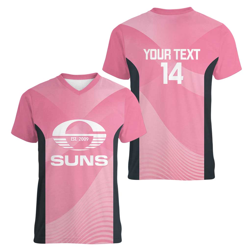 Suns Football Custom Women V-Neck T-Shirt Gold Coast Est 2009 Pink - Aussie Hoodie