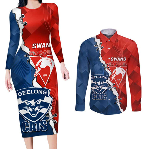 Custom Swans And Cats Football Couples Matching Long Sleeve Bodycon Dress and Long Sleeve Button Shirt 2024 Together Dynamic Version