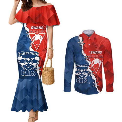 Custom Swans And Cats Football Couples Matching Mermaid Dress and Long Sleeve Button Shirt 2024 Together Dynamic Version
