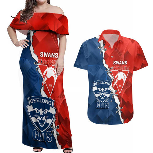 Custom Swans And Cats Football Couples Matching Off Shoulder Maxi Dress and Hawaiian Shirt 2024 Together Dynamic Version