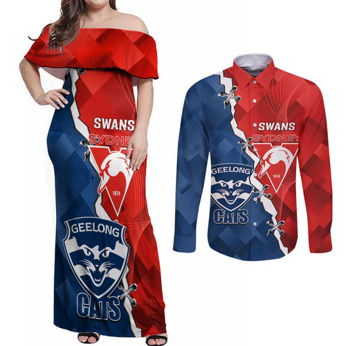 Custom Swans And Cats Football Couples Matching Off Shoulder Maxi Dress and Long Sleeve Button Shirt 2024 Together Dynamic Version