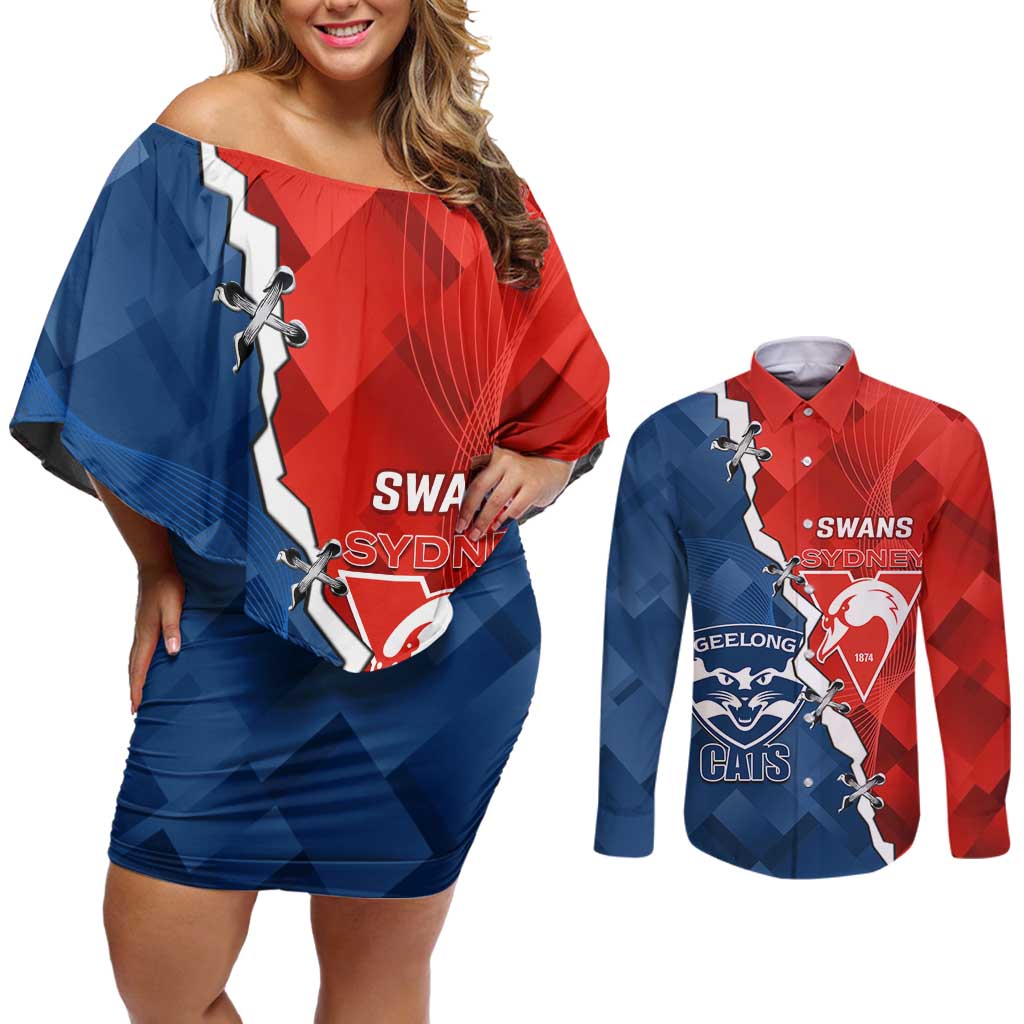 Custom Swans And Cats Football Couples Matching Off Shoulder Short Dress and Long Sleeve Button Shirt 2024 Together Dynamic Version