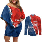 Custom Swans And Cats Football Couples Matching Off Shoulder Short Dress and Long Sleeve Button Shirt 2024 Together Dynamic Version