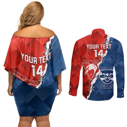 Custom Swans And Cats Football Couples Matching Off Shoulder Short Dress and Long Sleeve Button Shirt 2024 Together Dynamic Version