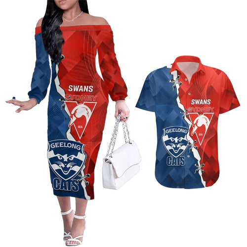Custom Swans And Cats Football Couples Matching Off The Shoulder Long Sleeve Dress and Hawaiian Shirt 2024 Together Dynamic Version