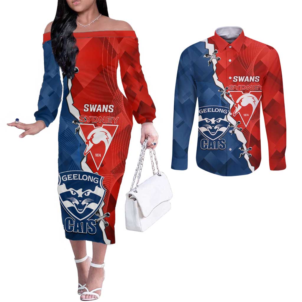 Custom Swans And Cats Football Couples Matching Off The Shoulder Long Sleeve Dress and Long Sleeve Button Shirt 2024 Together Dynamic Version
