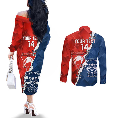 Custom Swans And Cats Football Couples Matching Off The Shoulder Long Sleeve Dress and Long Sleeve Button Shirt 2024 Together Dynamic Version
