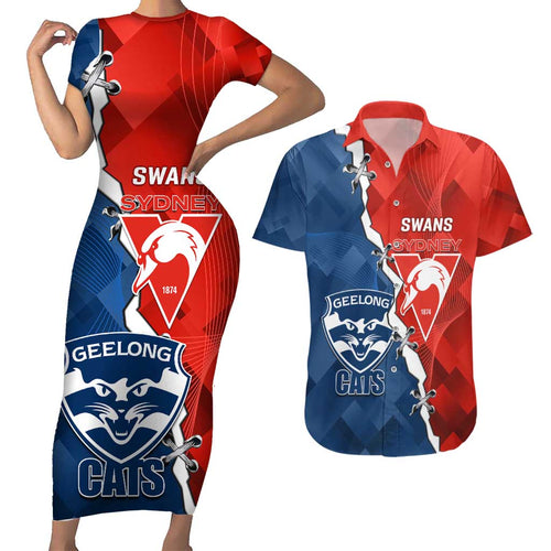Custom Swans And Cats Football Couples Matching Short Sleeve Bodycon Dress and Hawaiian Shirt 2024 Together Dynamic Version