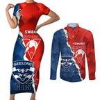 Custom Swans And Cats Football Couples Matching Short Sleeve Bodycon Dress and Long Sleeve Button Shirt 2024 Together Dynamic Version