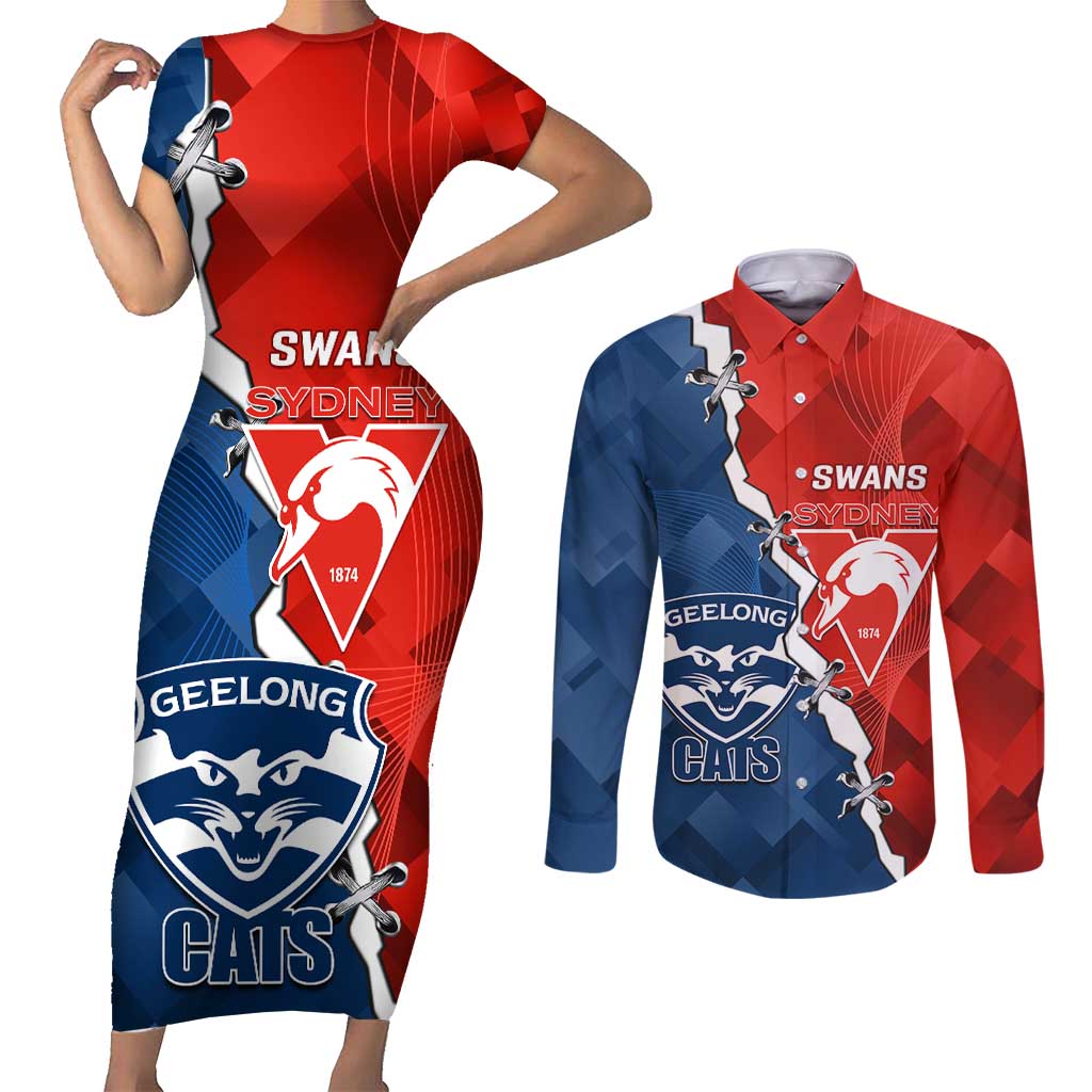 Custom Swans And Cats Football Couples Matching Short Sleeve Bodycon Dress and Long Sleeve Button Shirt 2024 Together Dynamic Version