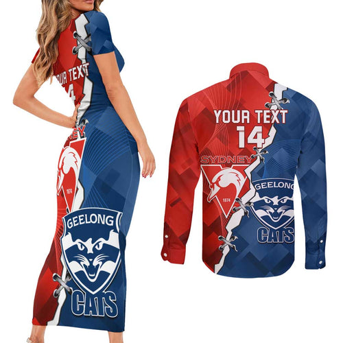 Custom Swans And Cats Football Couples Matching Short Sleeve Bodycon Dress and Long Sleeve Button Shirt 2024 Together Dynamic Version
