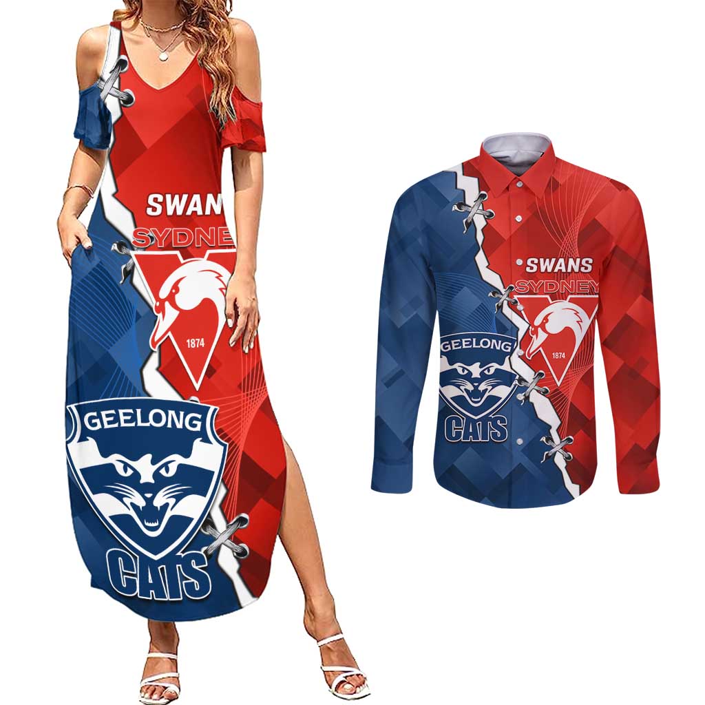 Custom Swans And Cats Football Couples Matching Summer Maxi Dress and Long Sleeve Button Shirt 2024 Together Dynamic Version