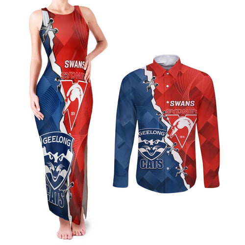 Custom Swans And Cats Football Couples Matching Tank Maxi Dress and Long Sleeve Button Shirt 2024 Together Dynamic Version