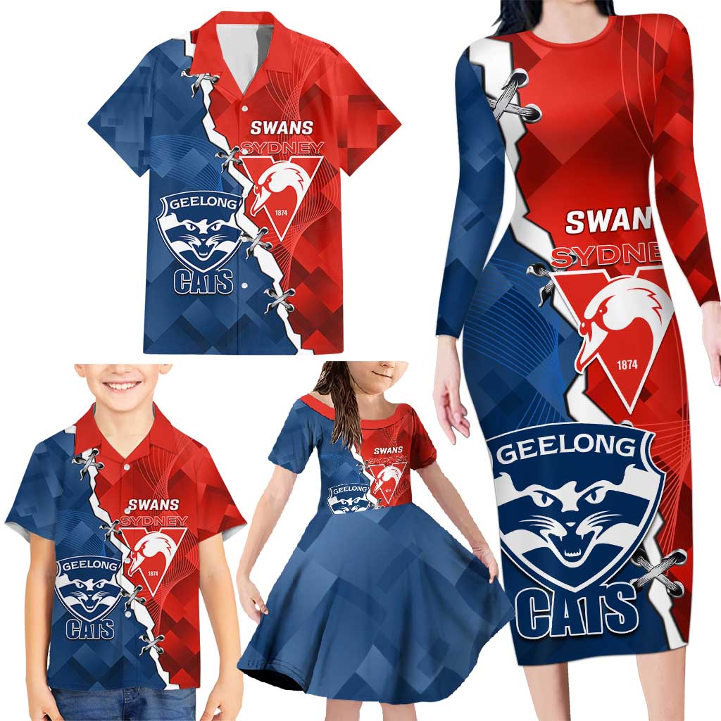 Custom Swans And Cats Football Family Matching Long Sleeve Bodycon Dress and Hawaiian Shirt 2024 Together Dynamic Version