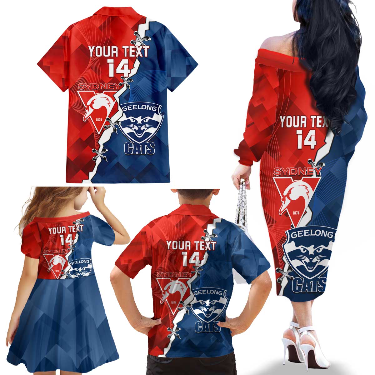 Custom Swans And Cats Football Family Matching Off The Shoulder Long Sleeve Dress and Hawaiian Shirt 2024 Together Dynamic Version