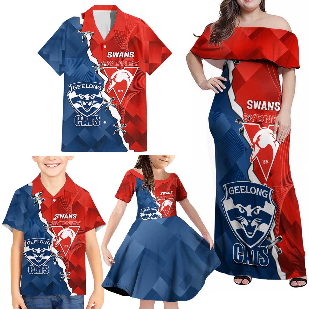 Custom Swans And Cats Football Family Matching Off Shoulder Maxi Dress and Hawaiian Shirt 2024 Together Dynamic Version