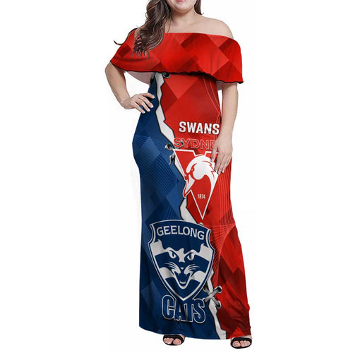 Custom Swans And Cats Football Family Matching Off Shoulder Maxi Dress and Hawaiian Shirt 2024 Together Dynamic Version