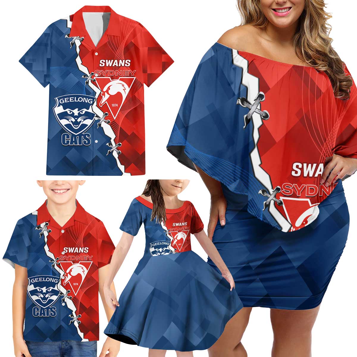 Custom Swans And Cats Football Family Matching Off Shoulder Short Dress and Hawaiian Shirt 2024 Together Dynamic Version