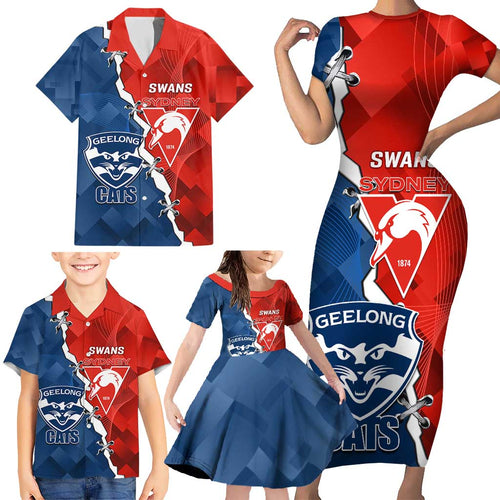 Custom Swans And Cats Football Family Matching Short Sleeve Bodycon Dress and Hawaiian Shirt 2024 Together Dynamic Version