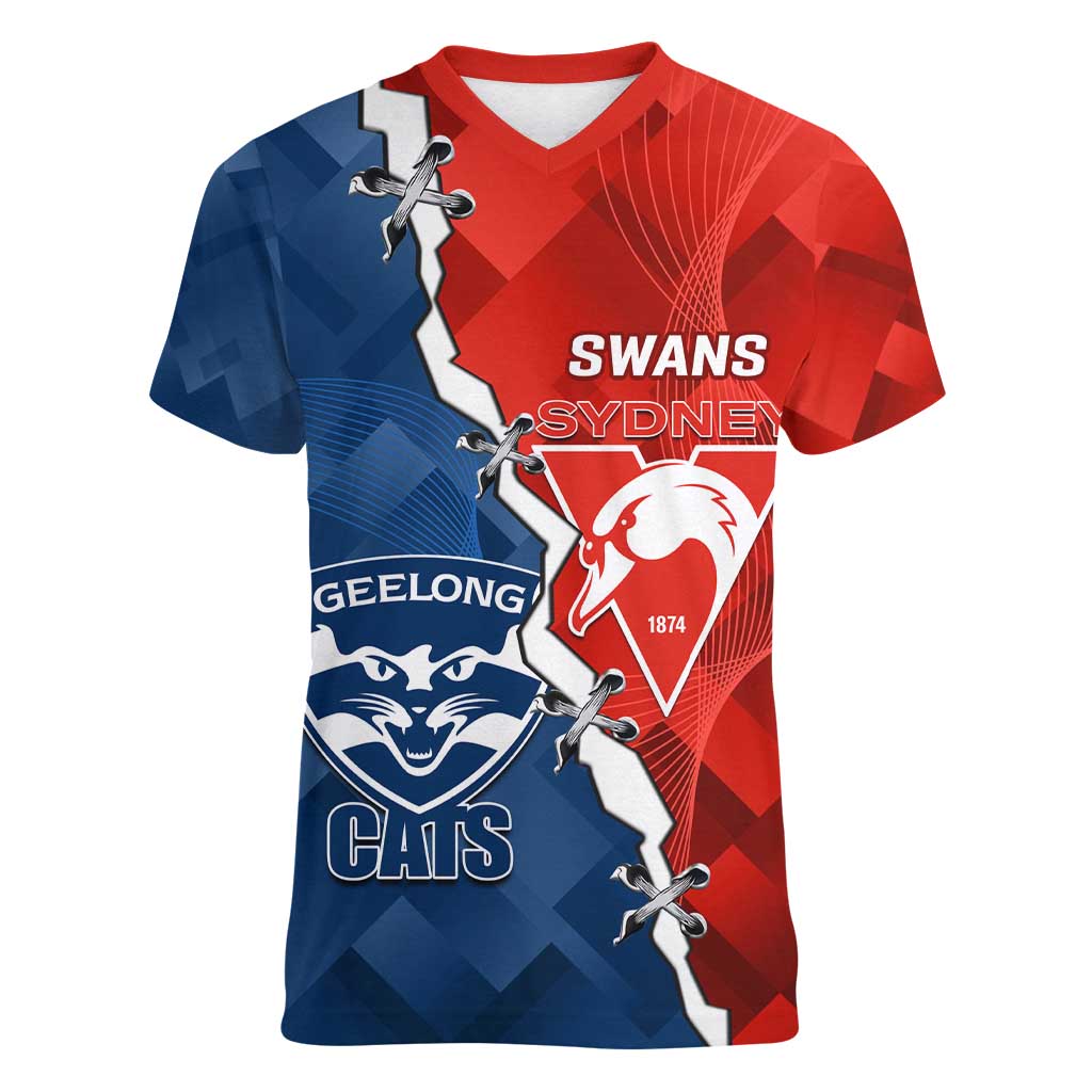 Custom Swans And Cats Football Women V-Neck T-Shirt 2024 Together Dynamic Version