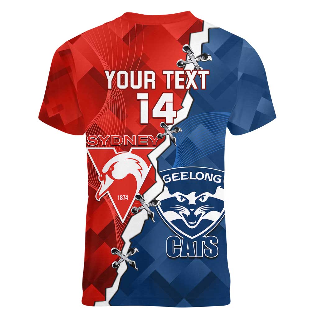 Custom Swans And Cats Football Women V-Neck T-Shirt 2024 Together Dynamic Version