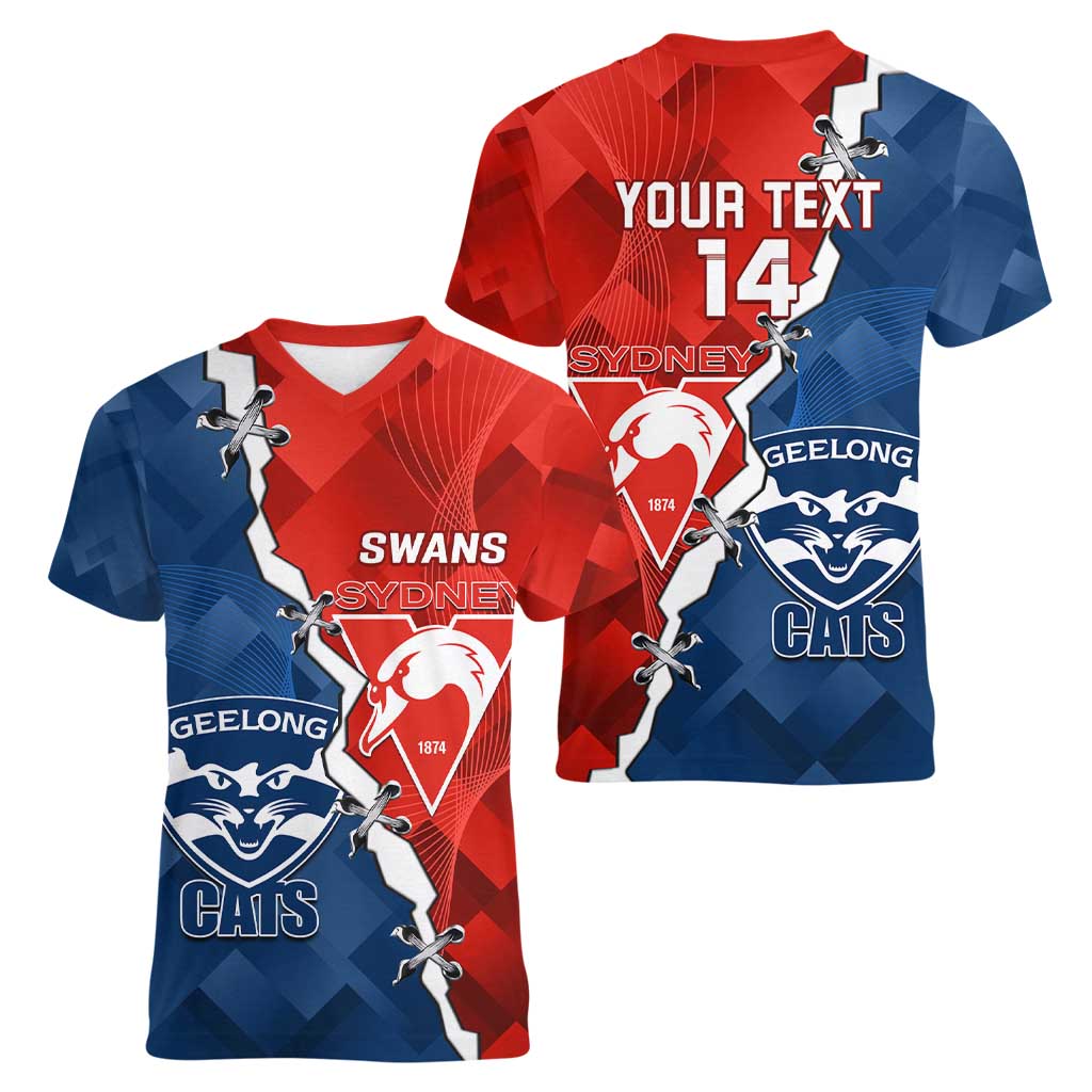 Custom Swans And Cats Football Women V-Neck T-Shirt 2024 Together Dynamic Version