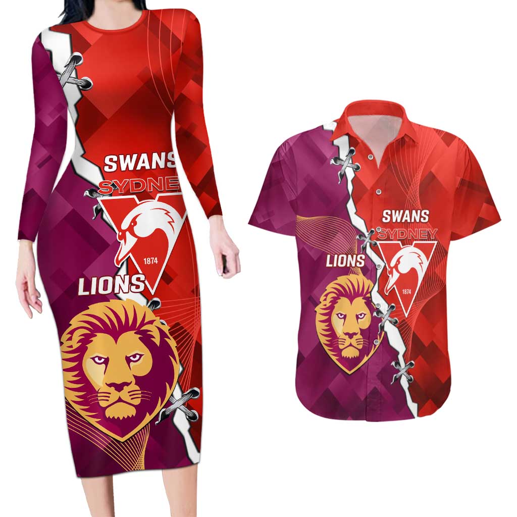 Custom Swans And Lions Football Couples Matching Long Sleeve Bodycon Dress and Hawaiian Shirt 2024 Go Champions Final Dynamic Version