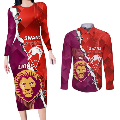 Custom Swans And Lions Football Couples Matching Long Sleeve Bodycon Dress and Long Sleeve Button Shirt 2024 Go Champions Final Dynamic Version