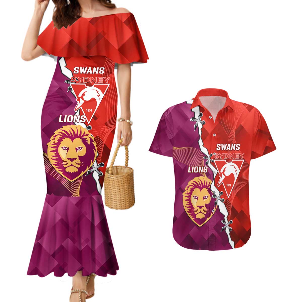 Custom Swans And Lions Football Couples Matching Mermaid Dress and Hawaiian Shirt 2024 Go Champions Final Dynamic Version