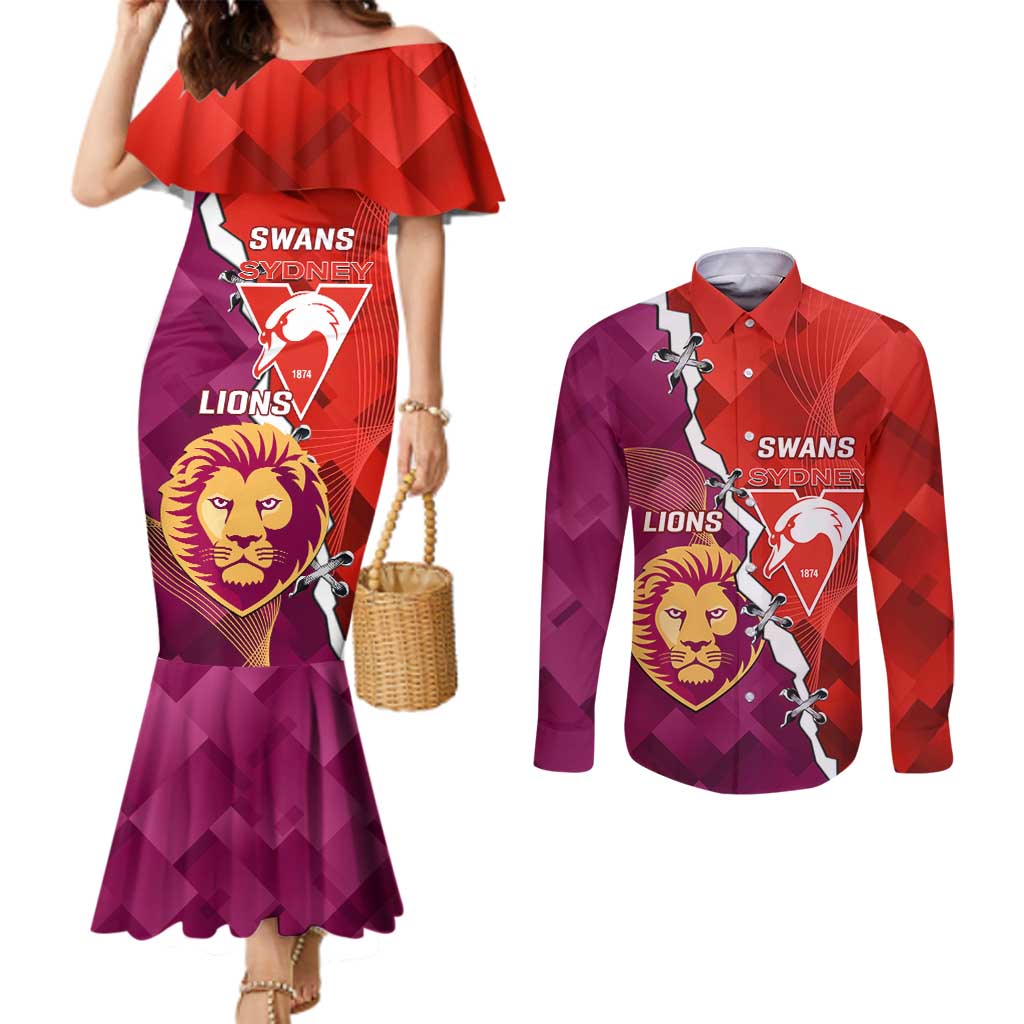 Custom Swans And Lions Football Couples Matching Mermaid Dress and Long Sleeve Button Shirt 2024 Go Champions Final Dynamic Version