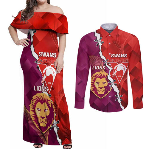 Custom Swans And Lions Football Couples Matching Off Shoulder Maxi Dress and Long Sleeve Button Shirt 2024 Go Champions Final Dynamic Version