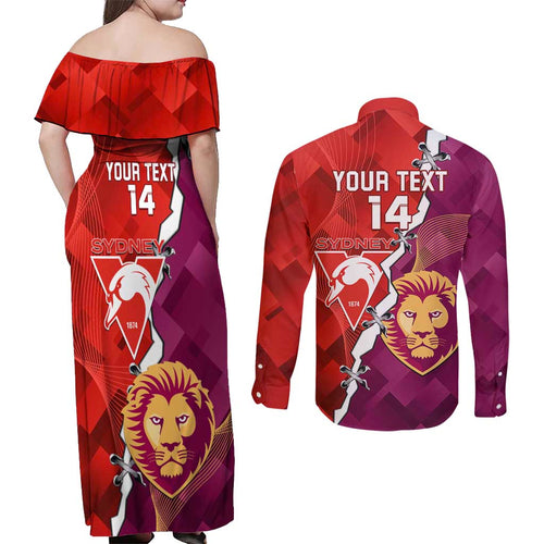 Custom Swans And Lions Football Couples Matching Off Shoulder Maxi Dress and Long Sleeve Button Shirt 2024 Go Champions Final Dynamic Version